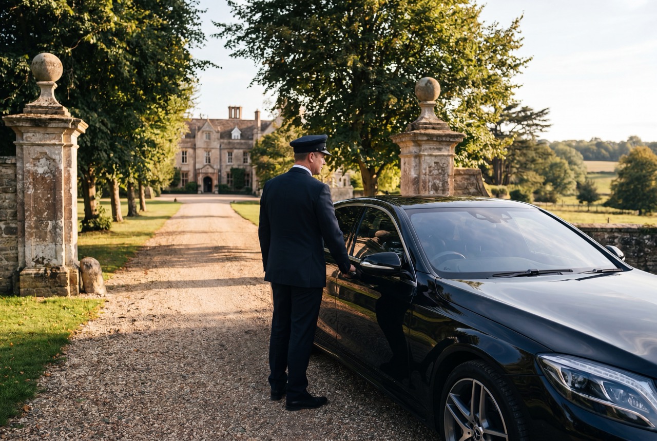 Prestige Travel Group chauffeur opening a Mercedes door at a country estate