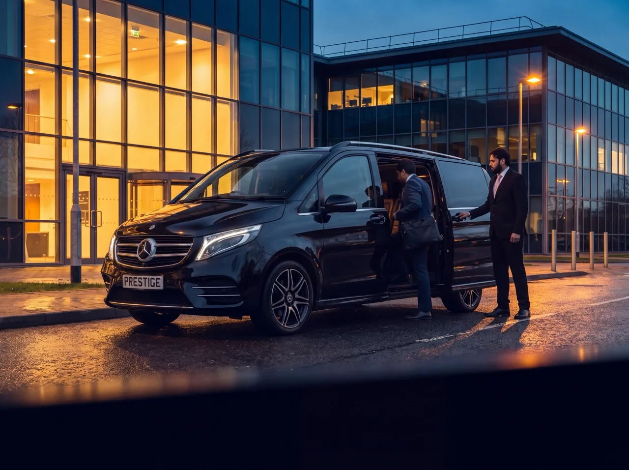 Executive stepping into a black Mercedes V-Class outside an office