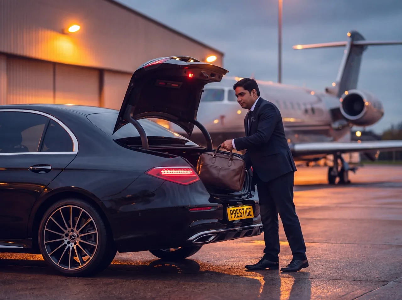 Chauffeur loading luggage into a black Mercedes at a private jet terminal