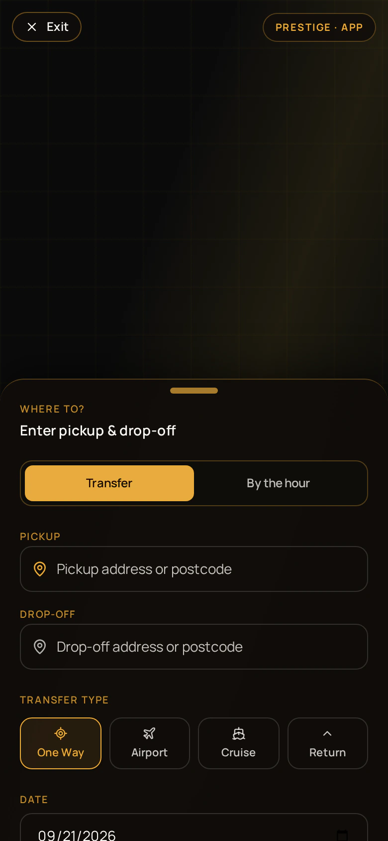 Prestige Travel Group booking app screen showing a journey map and live price